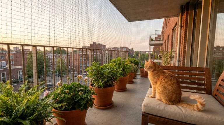 Un chat roux assis sur une banquette en bois sur un balcon sécurisé par un filet de protection au coucher du soleil.