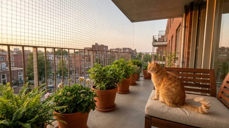 Un chat roux assis sur une banquette en bois sur un balcon sécurisé par un filet de protection au coucher du soleil.