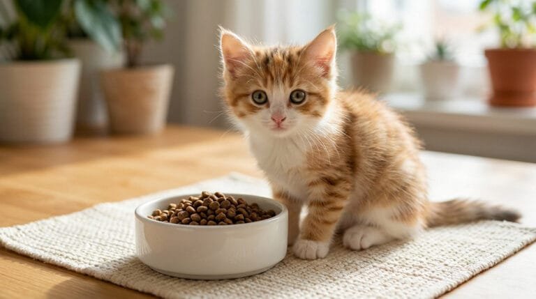 Un adorable chaton roux et blanc assis devant un bol de croquettes sur un tapis en tissu, dans une pièce lumineuse.