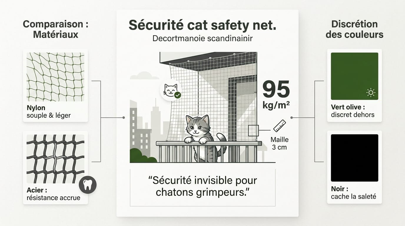 Filet de protection pour chat vert olive installé sur un balcon sécurisé