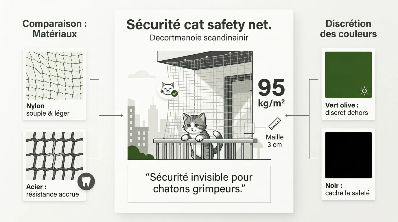 Filet de protection vert olive installé sur un balcon pour la sécurité d'un chat