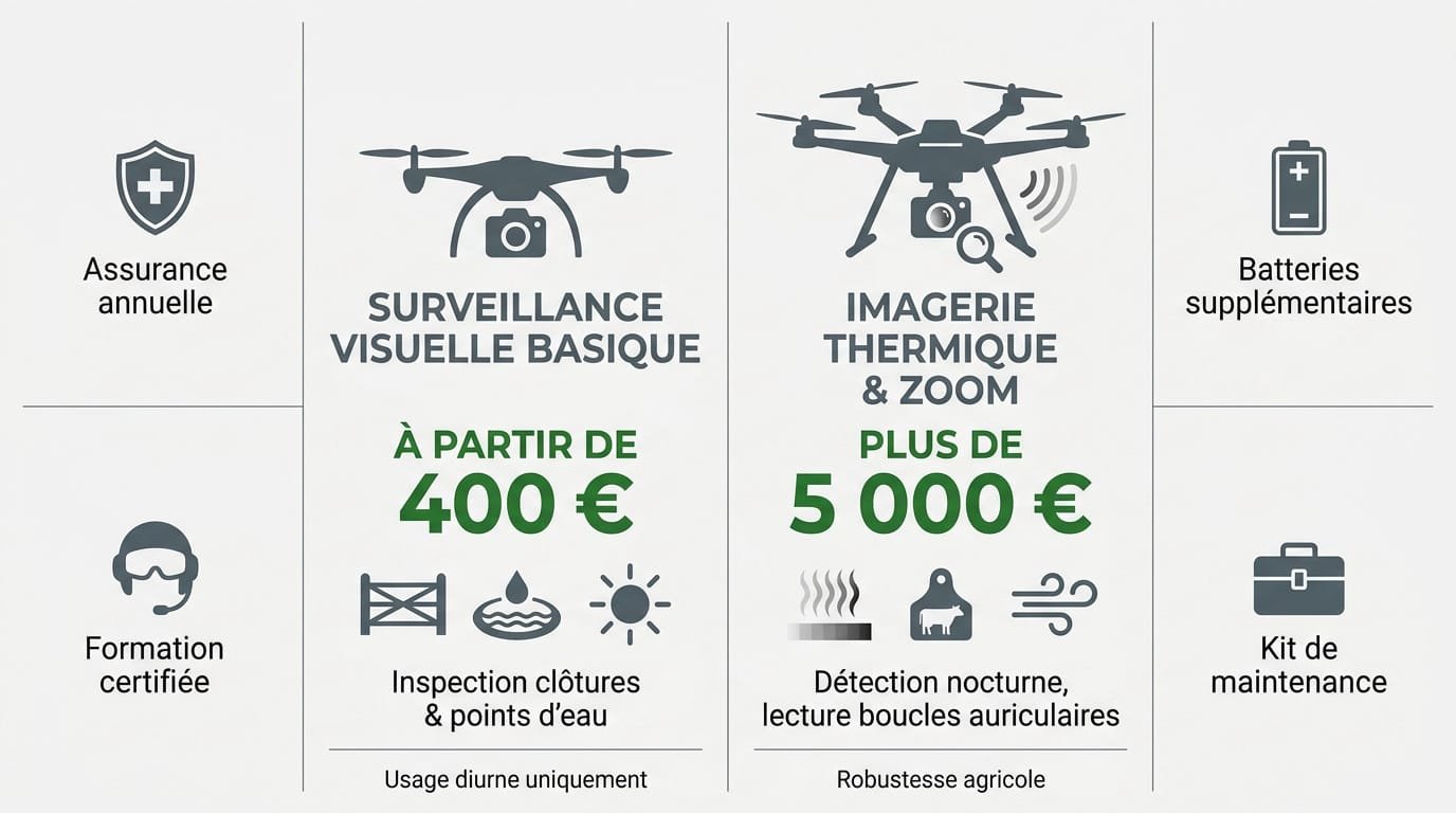 Comparatif des coûts : drone de surveillance visuelle contre drone thermique pour l'élevage