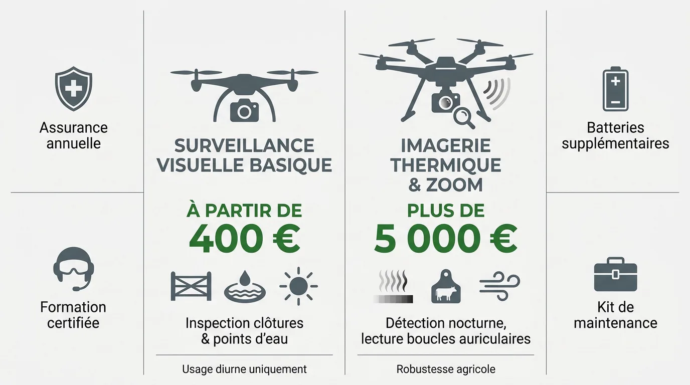 Comparatif des coûts entre drones de surveillance visuelle et drones thermiques pour l'élevage