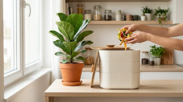 Mains déposant des restes alimentaires dans un composteur de cuisine design et blanc posé sur un plan de travail.