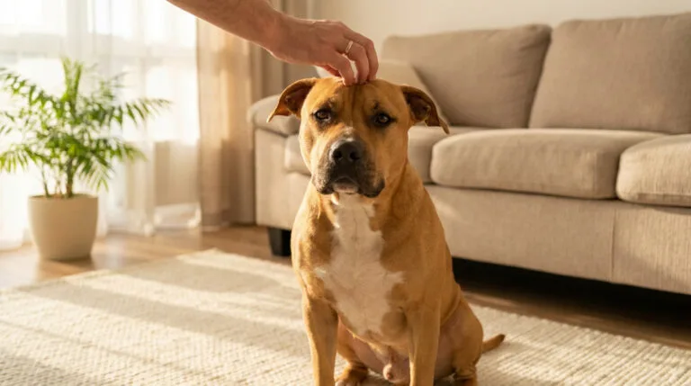 Un propriétaire caresse son chien de type pitbull brun dans un salon lumineux.