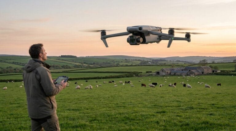 Un éleveur pilote un drone au-dessus d'un troupeau dans un champ au coucher du soleil.
