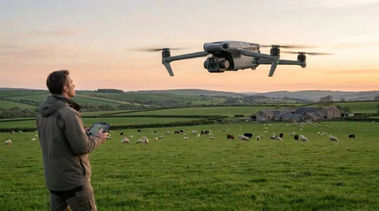 Un éleveur pilote un drone au-dessus d'un troupeau dans un champ au coucher du soleil.