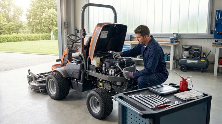 Un mécanicien en combinaison bleue répare le moteur d'un tracteur tondeuse orange dans un atelier.