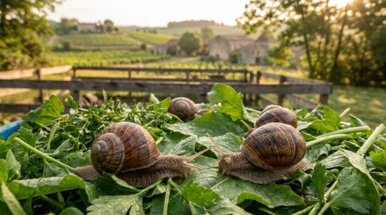 Des escargots sur des feuilles vertes dans un élevage en plein air avec des vignes en arrière-plan.