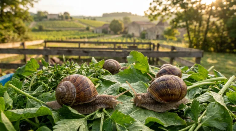 Des escargots sur des feuilles vertes dans un élevage en plein air avec des vignes en arrière-plan.