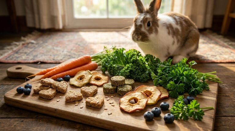 Un lapin à côté d'une planche en bois garnie de carottes, de chou frisé, de persil, de myrtilles et de biscuits sains.