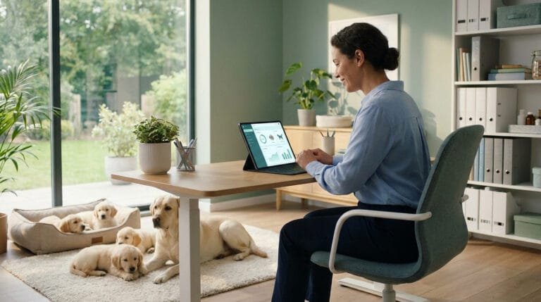 Une éleveuse utilisant une tablette devant des chiots et un chien adulte dans un bureau lumineux et moderne.