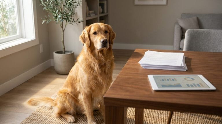 Un golden retriever assis à côté d'une table avec des documents et une tablette affichant des graphiques financiers.