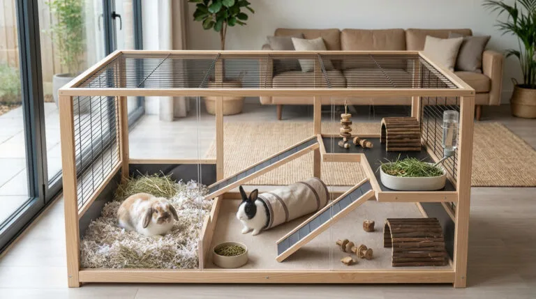Deux lapins dans une cage moderne en bois à deux niveaux, avec rampe, tunnel et accessoires, située dans un salon.