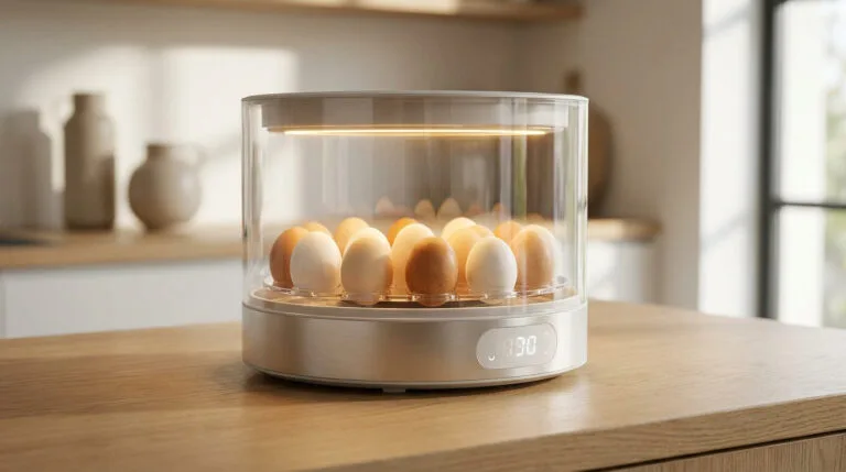 Couveuse automatique moderne avec œufs sur une table en bois dans une cuisine lumineuse.