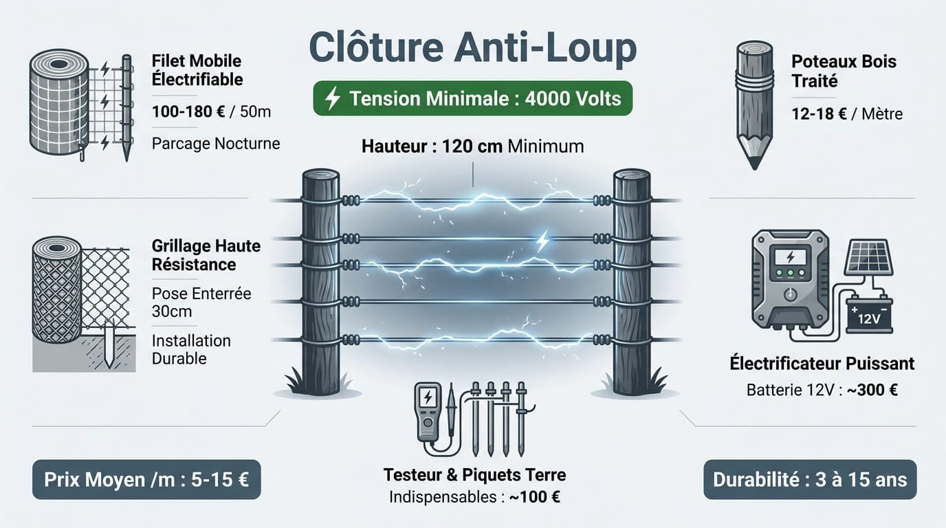 Infographie détaillant les coûts et les spécifications techniques d'une clôture anti-loup pour élevage