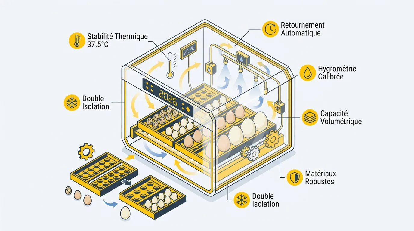 Infographie comparative des meilleures couveuses automatiques 2026 selon la stabilité thermique et la capacité
