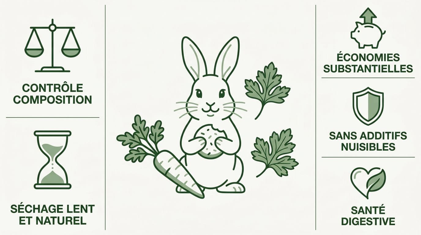 Infographie présentant les ingrédients naturels et sains pour fabriquer des friandises pour lapins