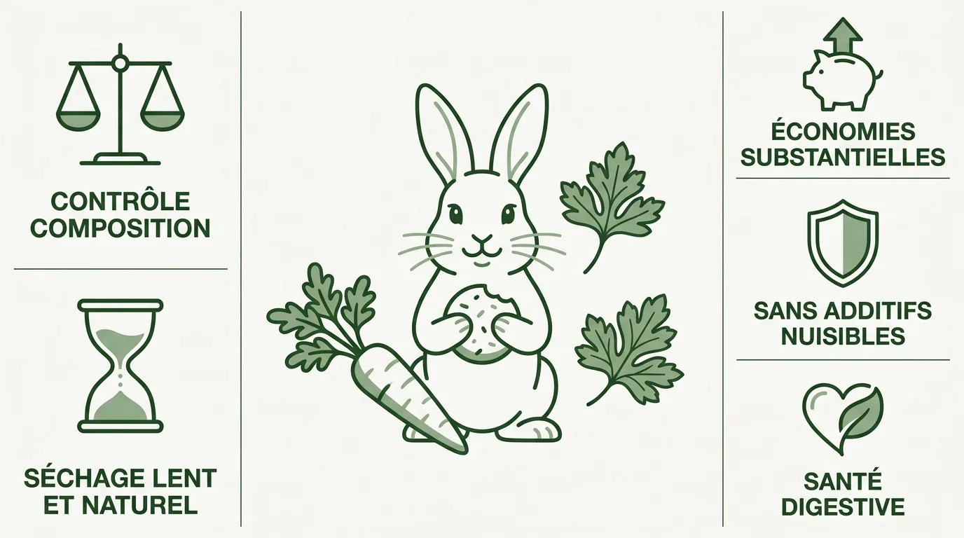 Infographie présentant les ingrédients naturels et sains pour fabriquer des friandises pour lapins