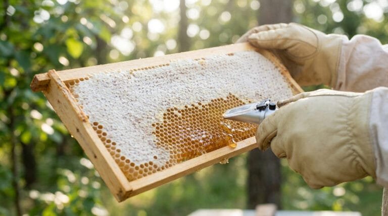 Un apiculteur ganté utilise un réfractomètre pour mesurer le taux d'humidité d'un cadre de ruche operculé.