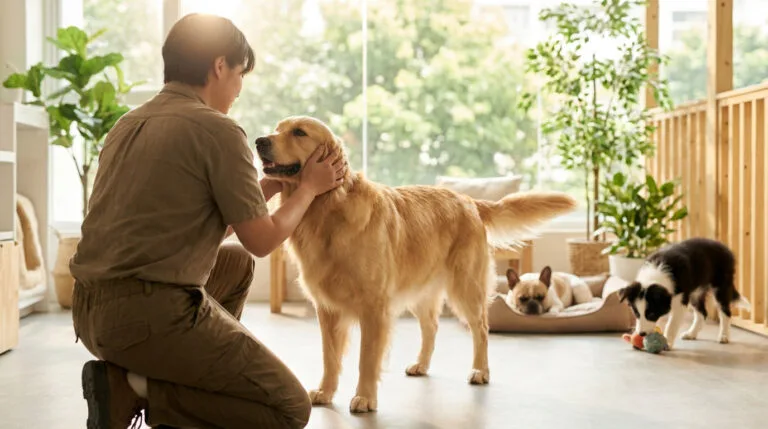 Un éleveur canin caresse un Golden Retriever dans un espace lumineux avec d'autres chiens en arrière-plan.