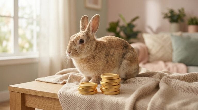 Un petit lapin beige assis sur une couverture avec deux piles de pièces d'or sur une table en bois dans un salon.