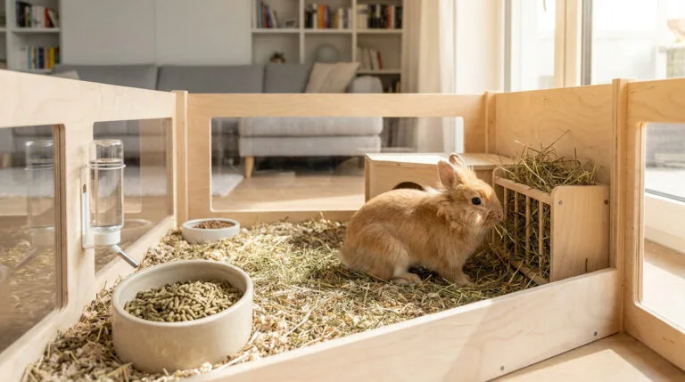Un petit lapin brun dans un enclos en bois moderne avec de la paille, un râtelier et un abreuvoir.