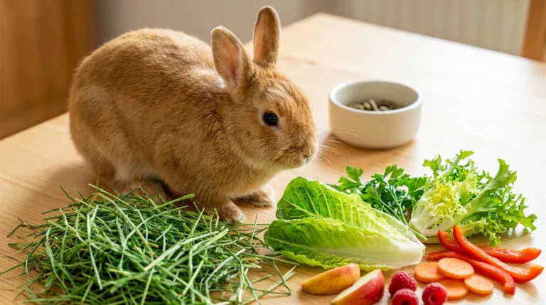 Un petit lapin brun mangeant du foin frais entouré de légumes, de fruits et de granulés sur une table en bois.
