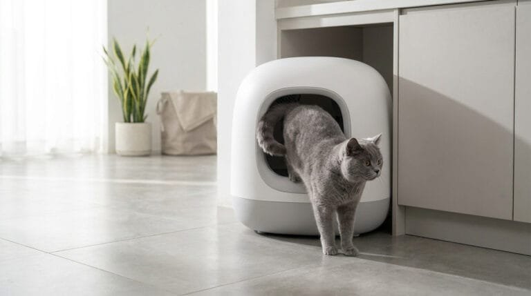 Un chat gris sort d'une litière autonettoyante blanche et moderne dans une cuisine lumineuse.