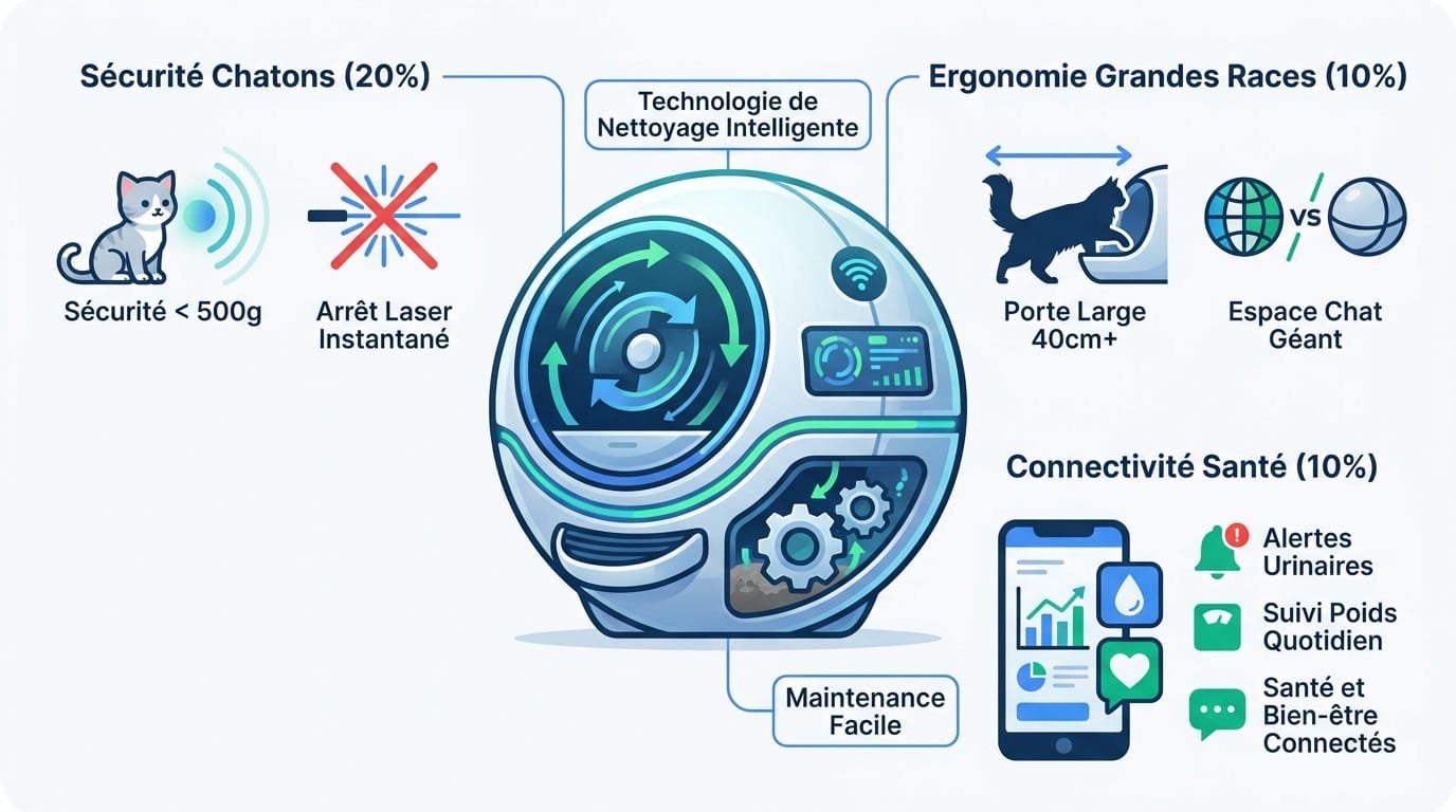 Litière autonettoyante technologique avec capteurs de sécurité pour chat