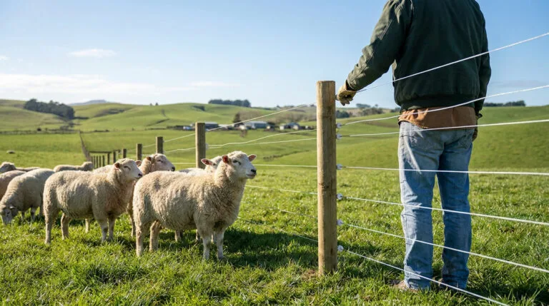 Un éleveur vérifie une clôture électrique dans un pré avec un troupeau de moutons par une journée ensoleillée.