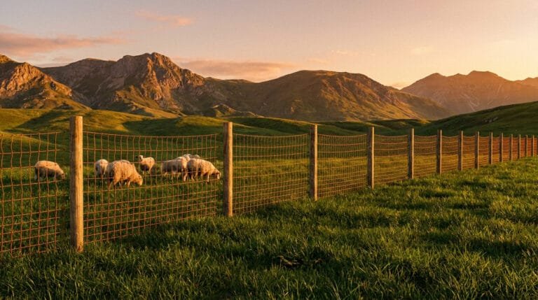 Moutons dans un enclos sécurisé par une clôture grillagée devant un paysage montagneux au coucher du soleil.
