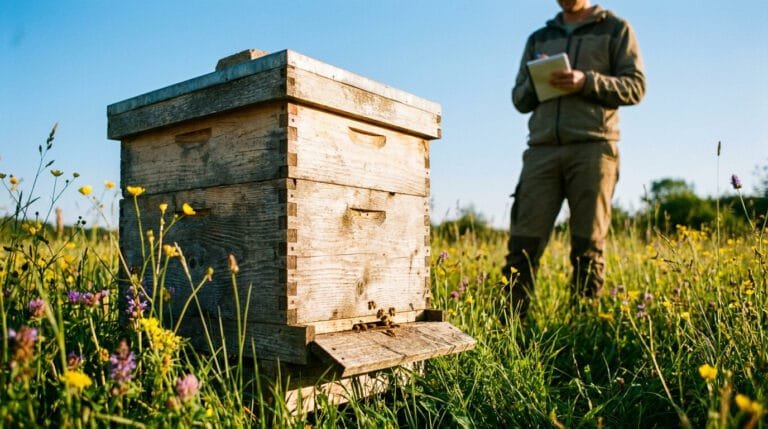 Un apiculteur note des informations dans son carnet devant une ruche en bois placée dans un champ de fleurs sauvages.