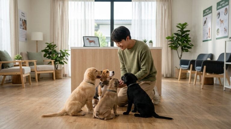 Un jeune homme souriant interagissant avec quatre chiots de races différentes dans un centre de formation canin moderne.