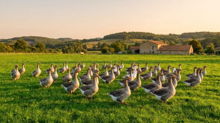 Un grand groupe d'oies grises broutant dans une prairie verdoyante devant une ancienne ferme française au coucher du soleil.
