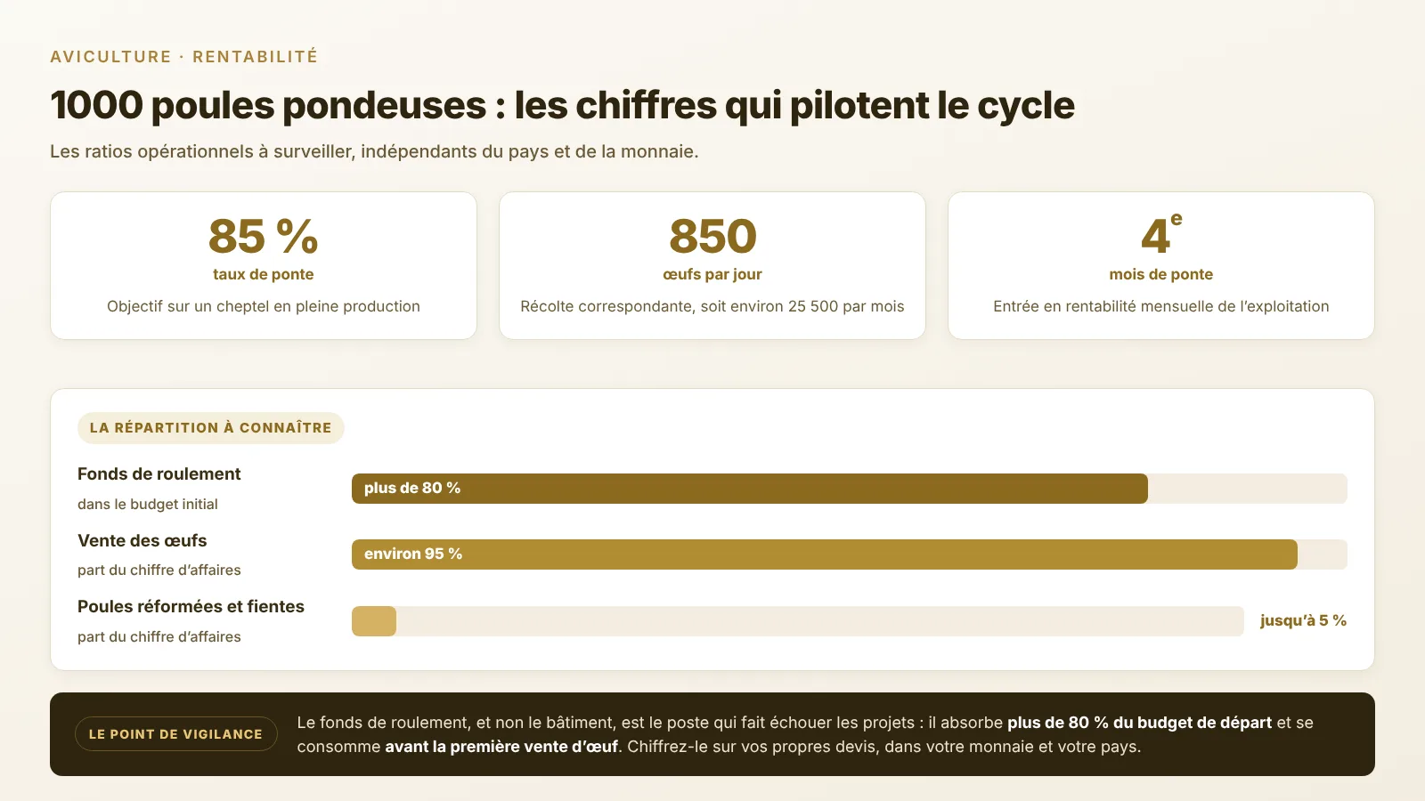 1000 poules pondeuses : taux de ponte, fonds de roulement et répartition du chiffre d'affaires