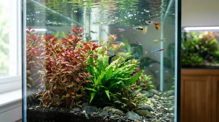 Nitrates aquarium : bac planté équilibré avec petits poissons tropicaux