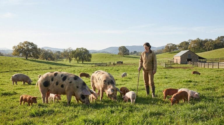 Une éleveuse surveille ses porcs et porcelets dans un vaste pré verdoyant sous un ciel ensoleillé.
