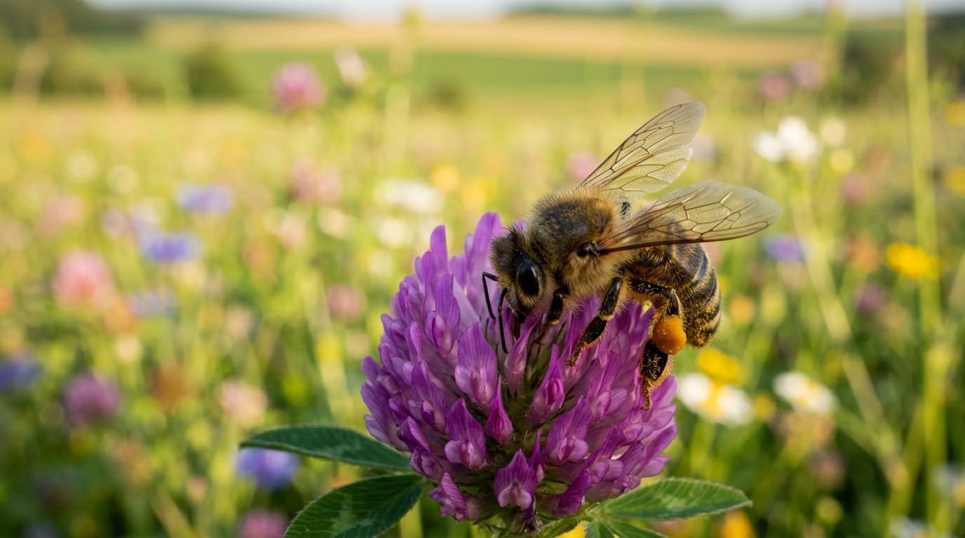Animaux pollinisateurs : abeille sauvage butinant un trèfle