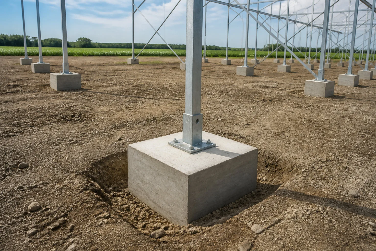 Ancrage au sol sur plots béton, préparation du terrain avant montage de la structure