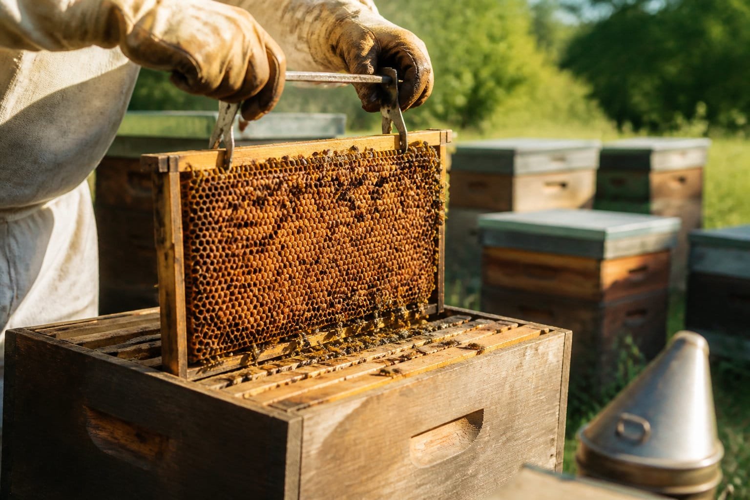 Apiculteur retirant un cadre de couvain, méthode zootechnique complémentaire du traitement varroa naturel