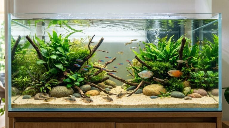 Un aquarium planté avec du sable clair, des racines en bois, des rochers et divers petits poissons tropicaux nageant.