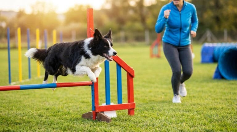 Un chien Border Collie saute par-dessus une haie d'agility sous la supervision d'une personne dans un parc.