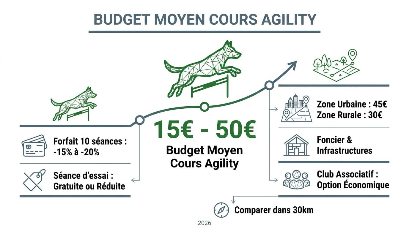 Prix cours agility chien : propriétaire comparant les tarifs des cours d'agility en 2026