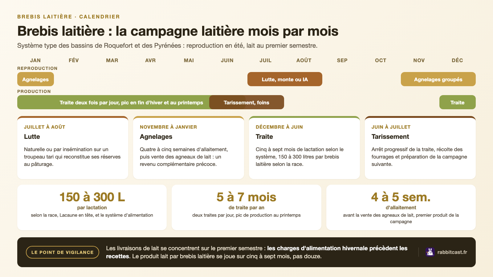 Calendrier d'une campagne de brebis laitière : lutte en été, agnelages en hiver, traite de décembre à juin, tarissement en été