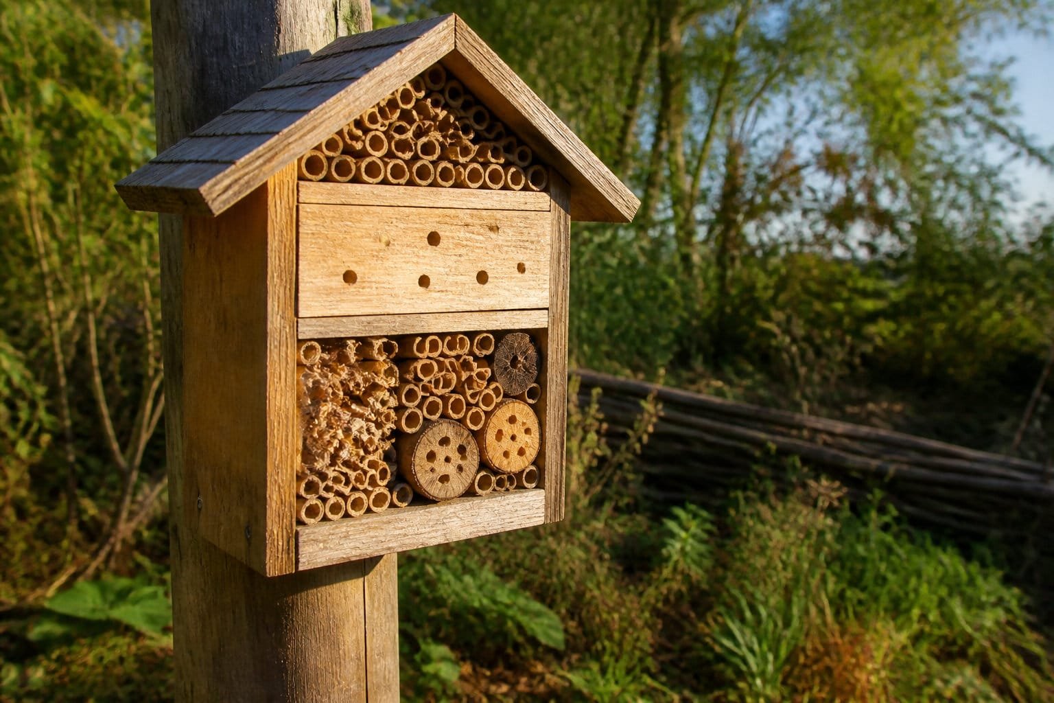 Petit hôtel à insectes en bois fixé à un poteau au soleil, avec tiges de roseau et planche percée