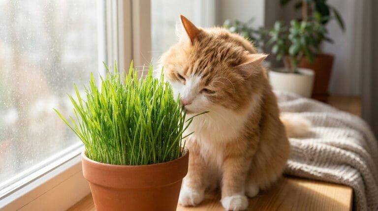 Un chat roux et blanc assis sur un rebord de fenêtre, reniflant un pot d'herbe à chat verte et fraîche.