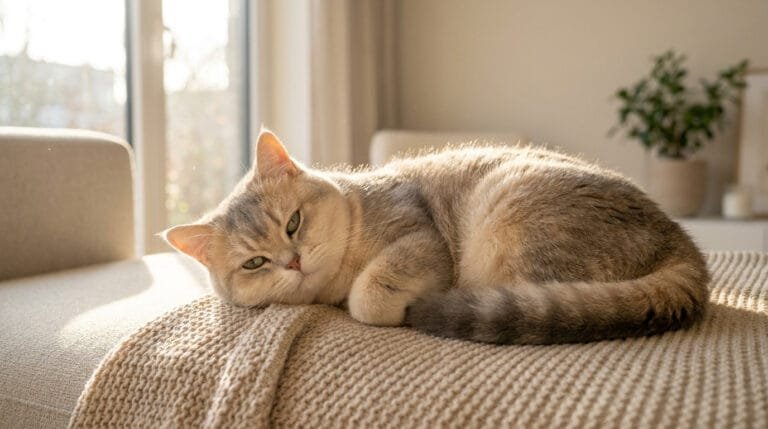 Un chat de race British Shorthair aux tons dorés et gris, allongé paisiblement sur un plaid beige dans un salon lumineux.