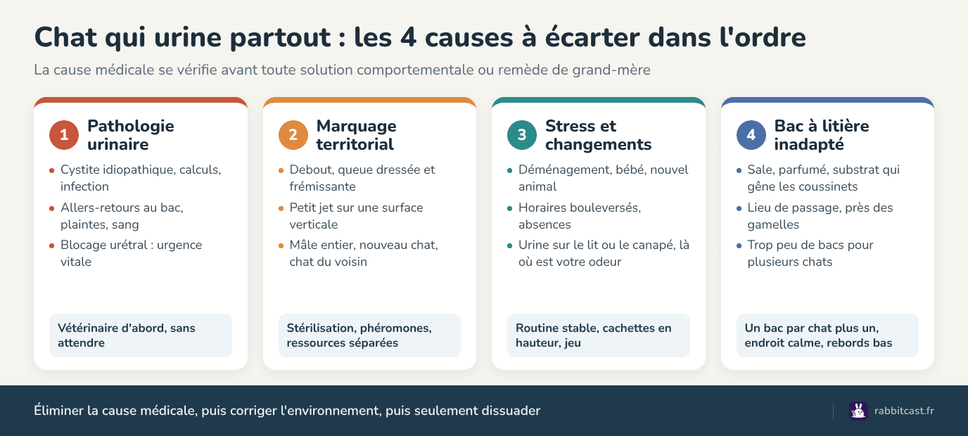 Chat qui urine partout : les 4 causes à écarter dans l'ordre (pathologie urinaire, marquage, stress, bac à litière)