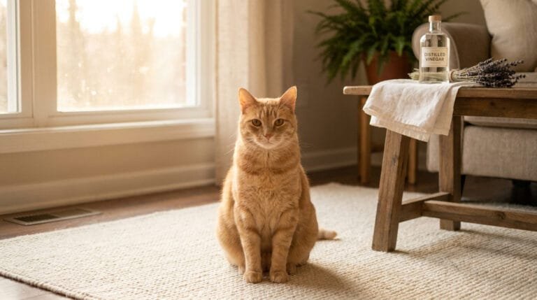 Chat qui urine partout : chat roux assis dans un salon ensoleillé